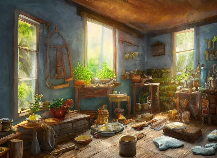 Image similar to rustic oil painting, interior view of a cluttered herbalist cottage, waxy candles, wood furnishings, herbs hanging, light bloom, dust, ambient occlusion, rays of light coming through windows, dim lighting, brush strokes oil painting