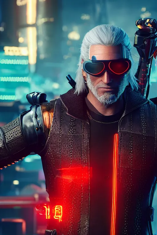 Prompt: geralt of rivia wearing futuristic leather jacket and futuristic goggles, geralt of rivia wielding a neon broadsword, cyberpunk 2 0 7 7, medium shot, background is filled with neon lights and futuristic vehicles, trending on artstation, ultra realistic, 4 k