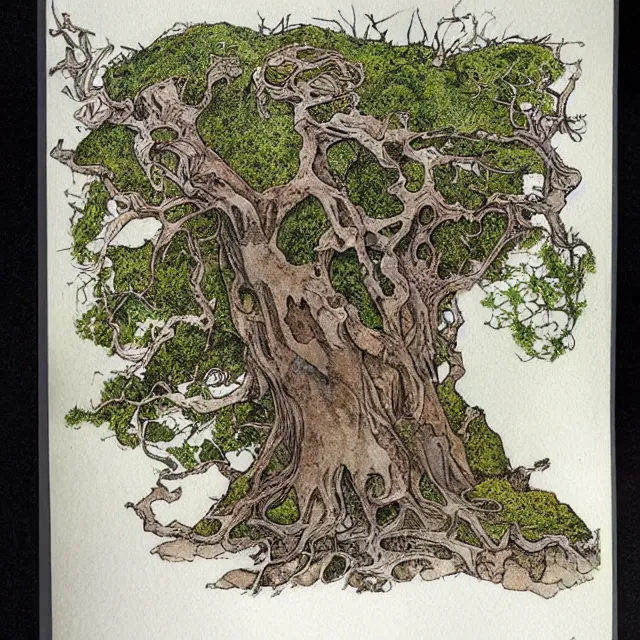 Prompt: a detailed, intricate watercolor and ink portrait illustration with fine lines, of a gnarled tree and mossy ground, by arthur rackham and edmund dulac and ted nutall and mucha