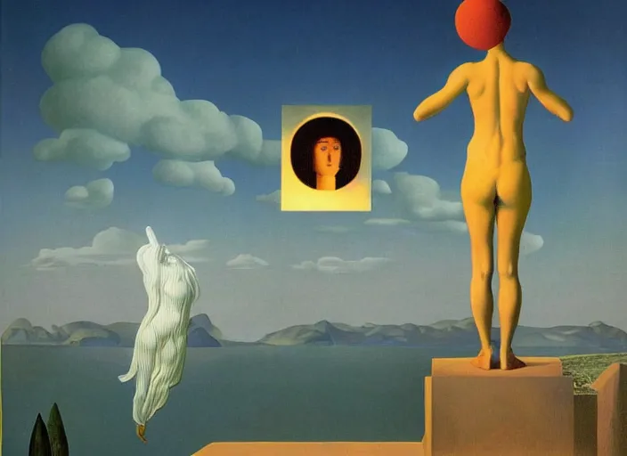 Prompt: a female goddess find forbidden knowledge by rene magritte and salvadore dali