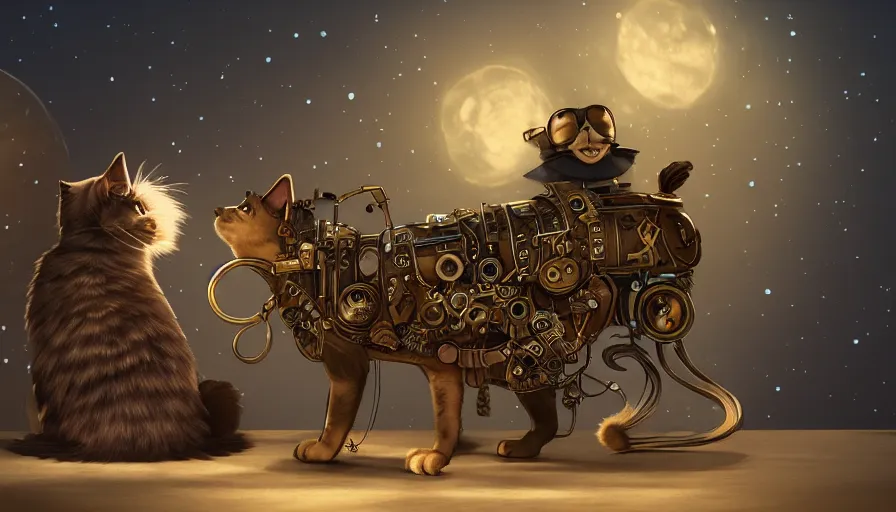 Image similar to steampunk cat and steampunk dog looking at the stars at night, stardusts, back view, hyperdetailed, artstation, cgsociety, 8 k