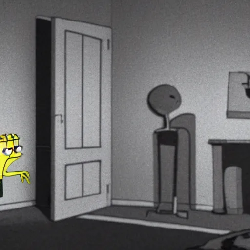 Prompt: spongebob standing in a dark room