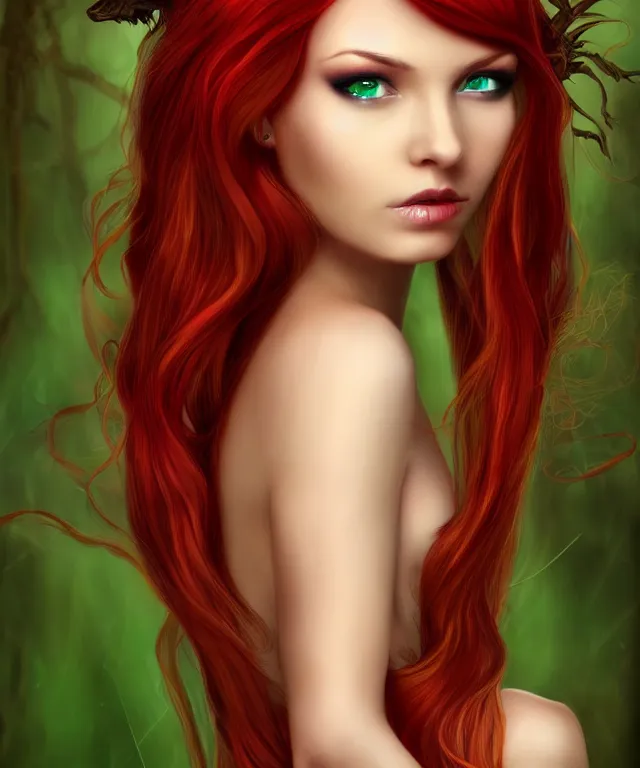 Image similar to Beautiful young woman, Fae, Fantasy, highly detailed, portrait, long red hair, green highlights