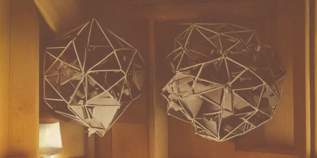 Image similar to 1980s magazine photo of wooden icosahedron, next to a window with dappled natural light, smoky