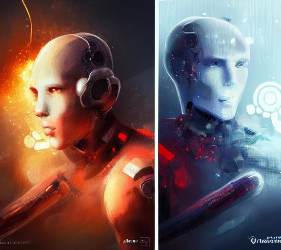 Prompt: two Artificial Intelligence fighting for creating the most impressive art, digital art, trending on artstation