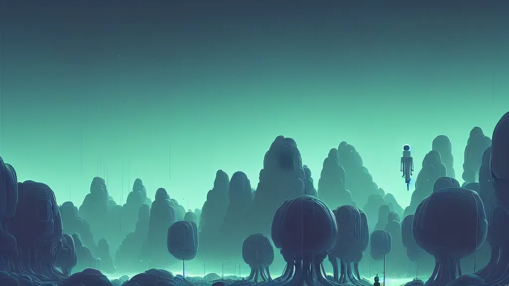 Image similar to alien landscape by simon stalenhag, beeple, makoto shinkai, digital painting, trending on artstation, beautiful, weird, another universe, alien foliage plants, alien flowers, robot