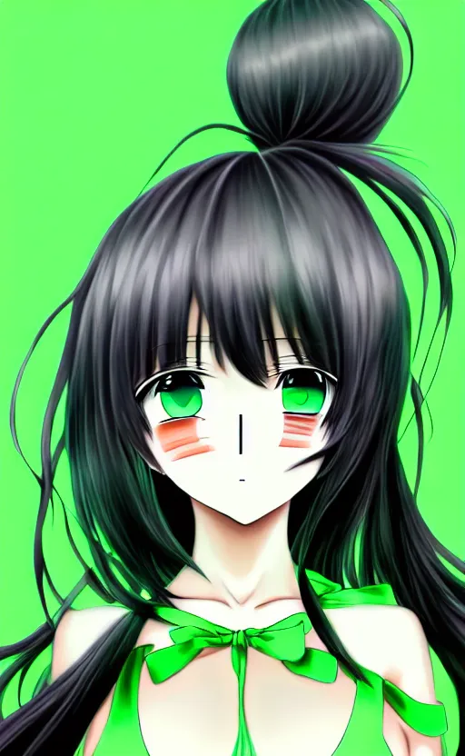 Image similar to anime girl with a detailed face and black hair in a green outfit, full body, trending, low angle, worms eye view, illustration,