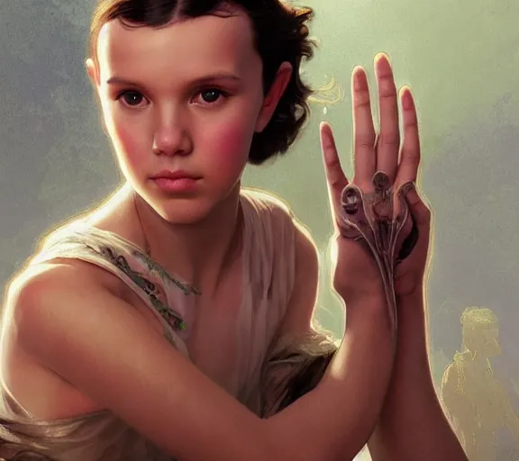 Image similar to photography millie bobby brown with hands - up and hairy armpits, deep focus, intricate, elegant, highly detailed, digital painting, artstation, concept art, matte, sharp focus, illustration, art by artgerm and greg rutkowski and alphonse mucha and gil elvgren