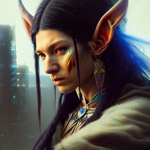 Image similar to portrait painting of a cyberpunk native american elf elven street samurai, ultra realistic, concept art, intricate details, eerie, highly detailed, photorealistic, octane render, 8 k, unreal engine. art by artgerm and greg rutkowski and charlie bowater and magali villeneuve and alphonse mucha