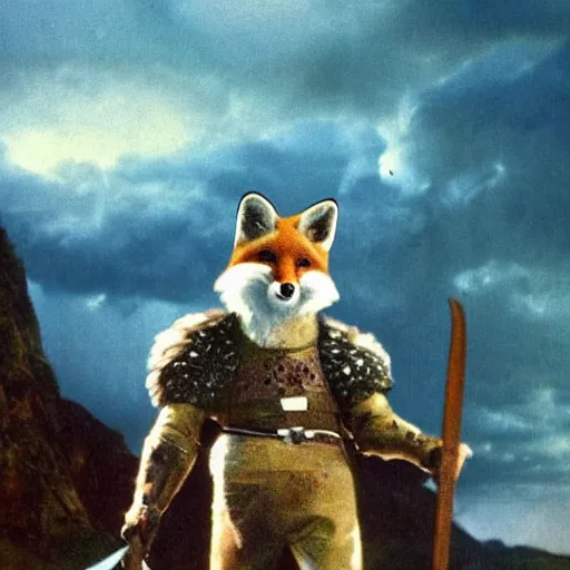 Prompt: anthropomorphic fox!! who is a medieval knight holding a sword towards a stormy thundercloud 1 9 3 0 s film still, castle in the background