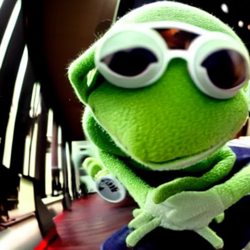 Image similar to kermit the frog doing a sick kickflip, fisheye lens, hd, 4 k, cinema definition, award winning details,