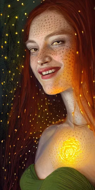 Image similar to fit woman, serene smile surrounded by golden firefly lights, amidst nature fully covered by a intricate detailed dress, long red hair, precise linework, accurate green eyes, small nose with freckles, smooth oval shape face, empathic, expressive emotions, spiritual scene, hyper realistic ultrafine art by artemisia gentileschi, jessica rossier, boris vallejo