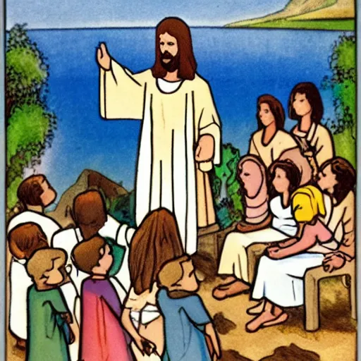 Prompt: childrens cartoon of jesus preaching by the sea of galilee