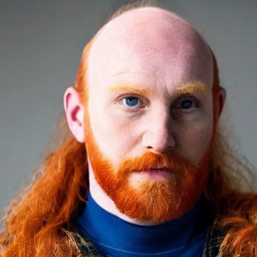 Image similar to photograph of a ginger male, middle aged balding superhero