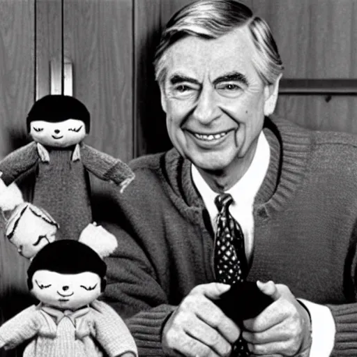 Prompt: Mr. Rogers surrounded by evil killer dolls