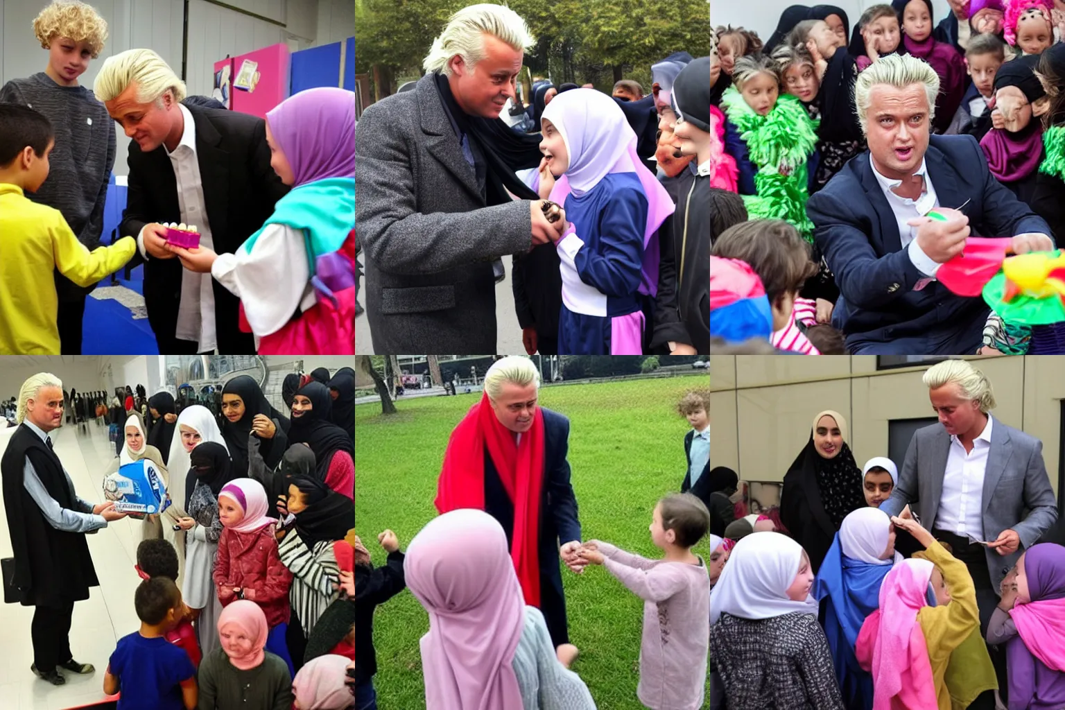 Prompt: geert wilders offering candy to lots of children wearing hijab