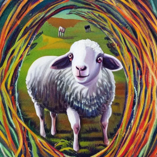 Prompt: a beautiful painting the sheep included a spider web, hyper realistic