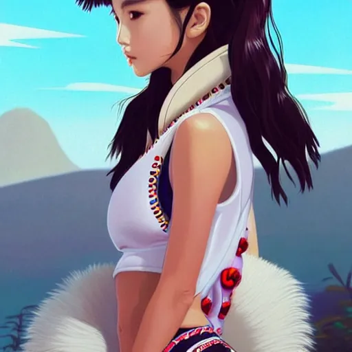 Image similar to a beautiful young japanese natalie portman alluring gravure model, stylized concept art, wearing elegant designer bomber jacket and one piece bikini, bomber jacket with mesoamerican patterns, mesoamerican native street fashion, princess mononoke, painted by ilya kuvshinov aesthetic, gorgeous, stunning, alluring, attractive, artstation, pinterest, digital art