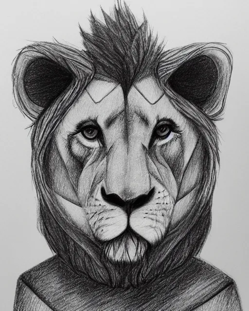 Image similar to a pencil drawing of an anthropomorphic lion wear a hoodie, head shot, by Pen Tacular