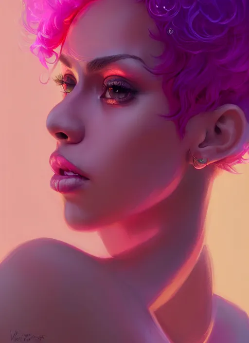 Image similar to portrait of vanessa morgan with bright pink hair, curly pixie cut hair, wearing a purple cap, intricate, elegant, glowing lights, highly detailed, digital painting, artstation, concept art, smooth, sharp focus, illustration, art by wlop, mars ravelo and greg rutkowski