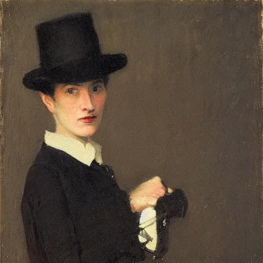 Image similar to portrait of a woman wearing a bowler hat, by thomas eakins.
