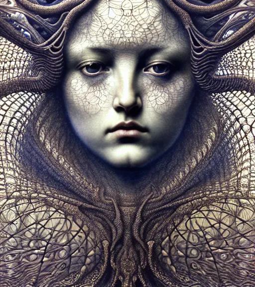 Image similar to detailed realistic beautiful thunder goddess face portrait by jean delville, gustave dore, iris van herpen and marco mazzoni, art forms of nature by ernst haeckel, art nouveau, symbolist, visionary, gothic, neo - gothic, pre - raphaelite, fractal lace, intricate alien botanicals, ai biodiversity, surreality, hyperdetailed ultrasharp octane render