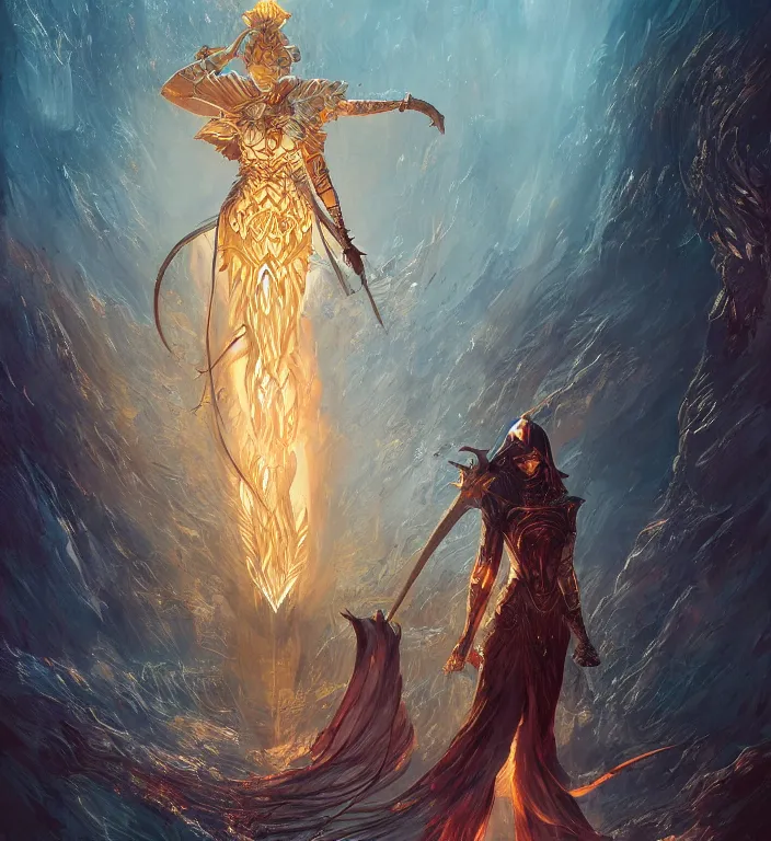 Image similar to full body illustration of a goddess, tarot card, dark souls colour scheme, establishing shot, coherent, high detailed, kerem beyit, Karol Bak, featured on artstation