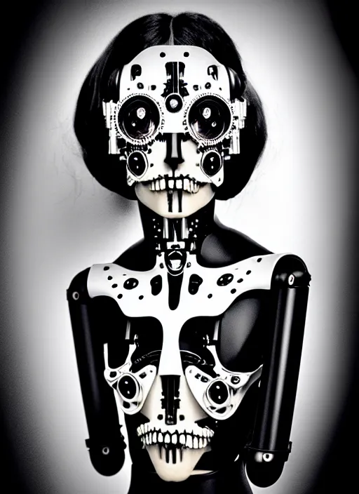 Prompt: 1 9 3 0 black and white gothic masterpiece profile face portrait, one steampunk eye biomechanical beautiful young female cyborg - robot, body ribs meshes, big monocular, volumetric light, hibiscus flowers, by hg giger, rim light, big gothic fashion pearl embroidered collar, 8 k