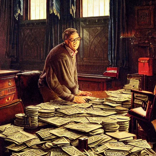 Prompt: bill gates counting stacks of money in a castle, dramatic lighting, painted by norman rockwell