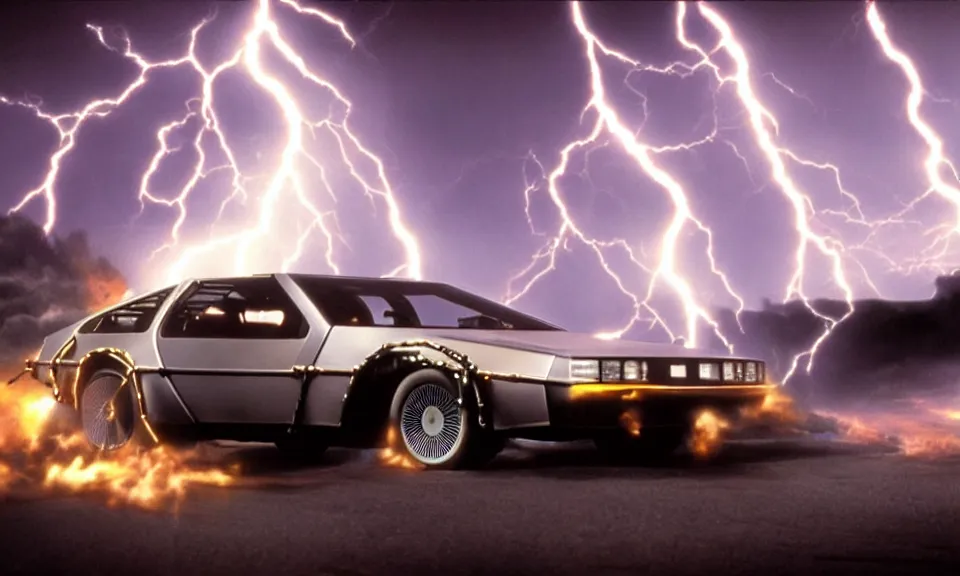 Image similar to scene from back to the future, delorean driving fast, lightning, fire, driving through portal, motion blur