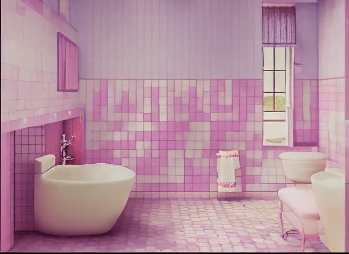 Image similar to placid pastel morning cute tiled bathroom trending on pixiv