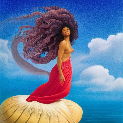 Image similar to lifelike by liu ye, by kadir nelson. the drawing of the moment when the goddess venus is born from the sea. she is shown standing on a giant clam shell, with her long, flowing hair blowing in the wind. the drawing is full of light & color, & venus looks like she is about to step into a beautiful, bright future.
