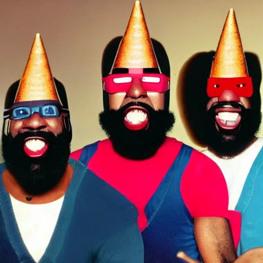 Image similar to conehead mr. t pop band, detailed facial expressions, 1 9 8 0 s aesthetic