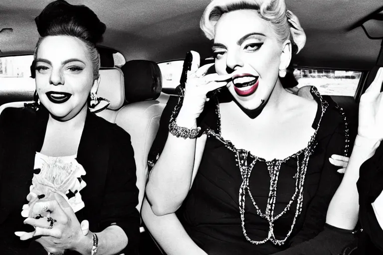 Image similar to lady gaga and judy garland doing carpool karaoke, lady gaga and judy garland, carpool karaoke, lady gaga, judy garland, carpool karaoke, youtube video screenshot, the late late show with james corden