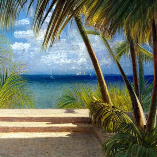 Image similar to a ultradetailed beautiful painting of the amazonas palace balustrade designed by jules bastien - lepage, hans belmer, frank weston and gustave baumann, beach, trending on artstation, mediterranean, palm trees, refracted color sparkles, sharp focus, soft light, 8 k 4 k