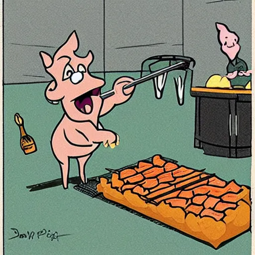 Image similar to a cartoon of a pig screaming in horror as another pig gets barbequed, funny, by Disney