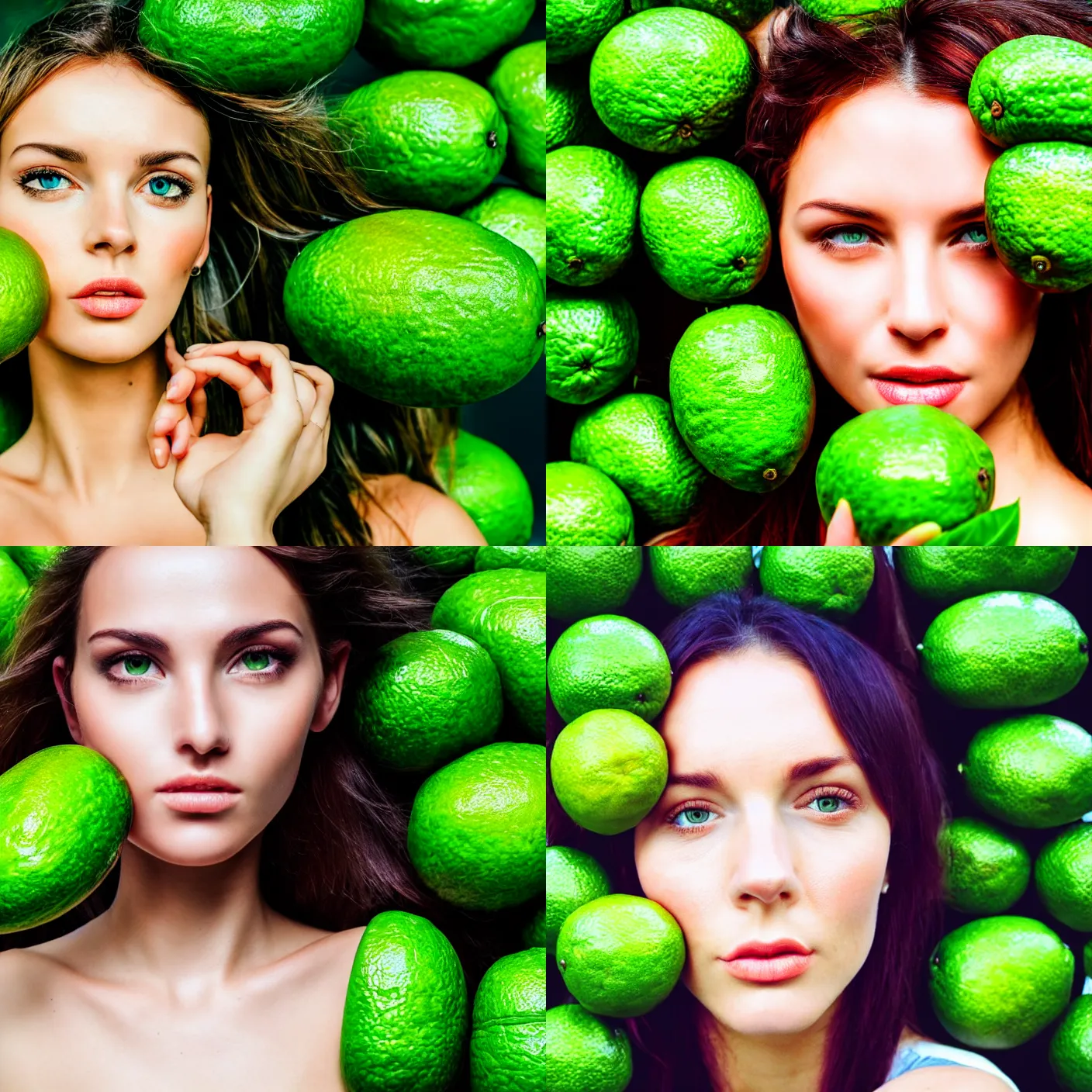 Prompt: analog close up frontal face portrait photography of a beautiful woman surrounded green limes by maxim nikolaev