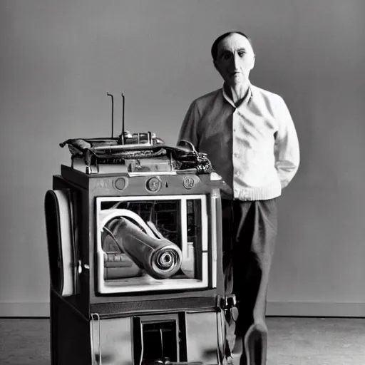 Prompt: Kodachrome photo of Marcel Duchamp with an ancient machine, archival pigment print in the style of Hito Steyerl, studio shooting, contemporary art