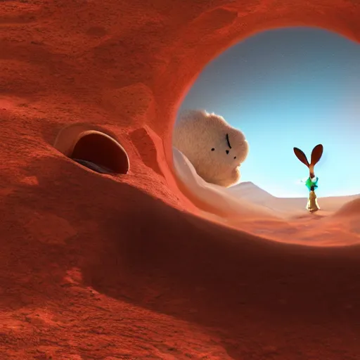 Image similar to cute bunny crossing a portal on mars, photorealistic, 4K