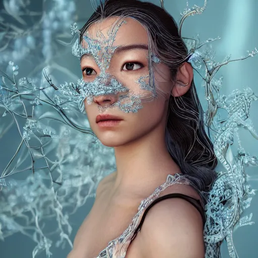 Image similar to intricate highly detailed face portrait of asian - european woman, light blue water vines on her face, intricate, cgsociety, unreal engine, octane render, sharp focus, smooth, volumetric lighting, cinematic composition, artstation