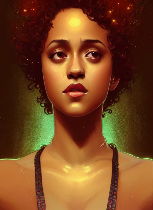 Prompt: portrait of nathalie emmanuel, intricate, elegant, glowing lights, highly detailed, digital painting, artstation, glamor pose, concept art, smooth, sharp focus, illustration, art by wlop, alphonse mucha and craig mullins