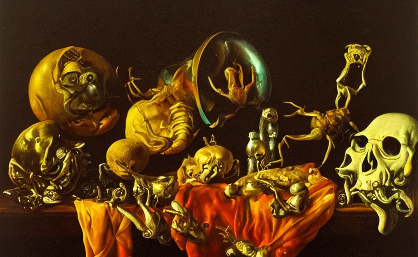 Prompt: disturbing colorful oil painting dutch golden age vanitas still life with grotesque bizarre objects strange gooey surfaces shiny metal rubber bizarre insects rachel ruysch dali todd schorr very detailed perfect composition rule of thirds masterpiece canon 5 0 mm, cinematic lighting, photography, chiaroscuro, film, kodachrome