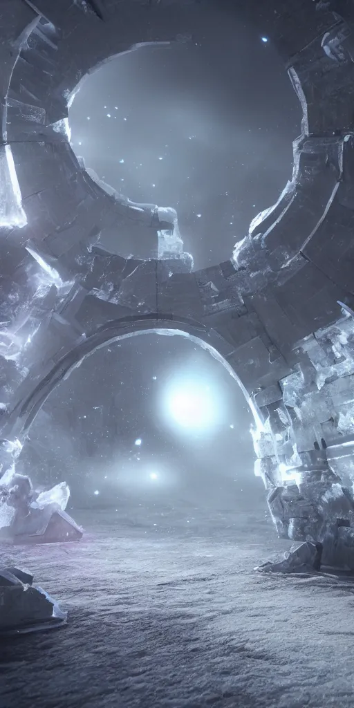 Image similar to interdimensional galaxy portal covered in frost, ice gate, volumetric light, volumetric fog, unreal engine, photorealistic, 8 k