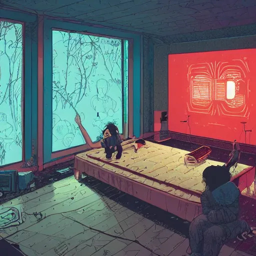 Prompt: A room with big screen on the wall from horror TV show by Feng Zhu and Loish and Laurie Greasley, Victo Ngai, Andreas Rocha, John Harris