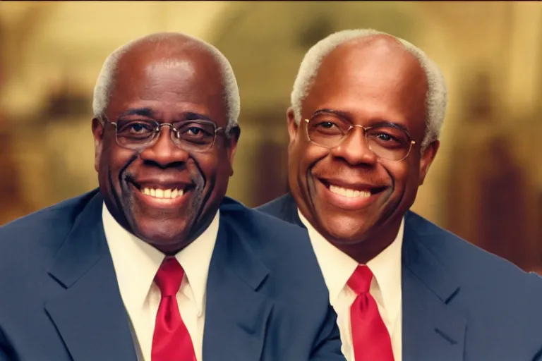 Prompt: Clarence Thomas smiling as he watches the world burn, cinematic, 8k