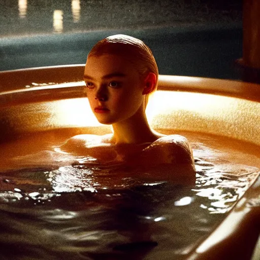 Prompt: silhouette of Elle Fanning submerged in a tub, stormy weather, extremely detailed masterpiece, oil on canvas, low-key neon lighting, artstation, Blade Runner 2049, Roger Deakin’s cinematography, by J. C. Leyendecker and Peter Paul Rubens,