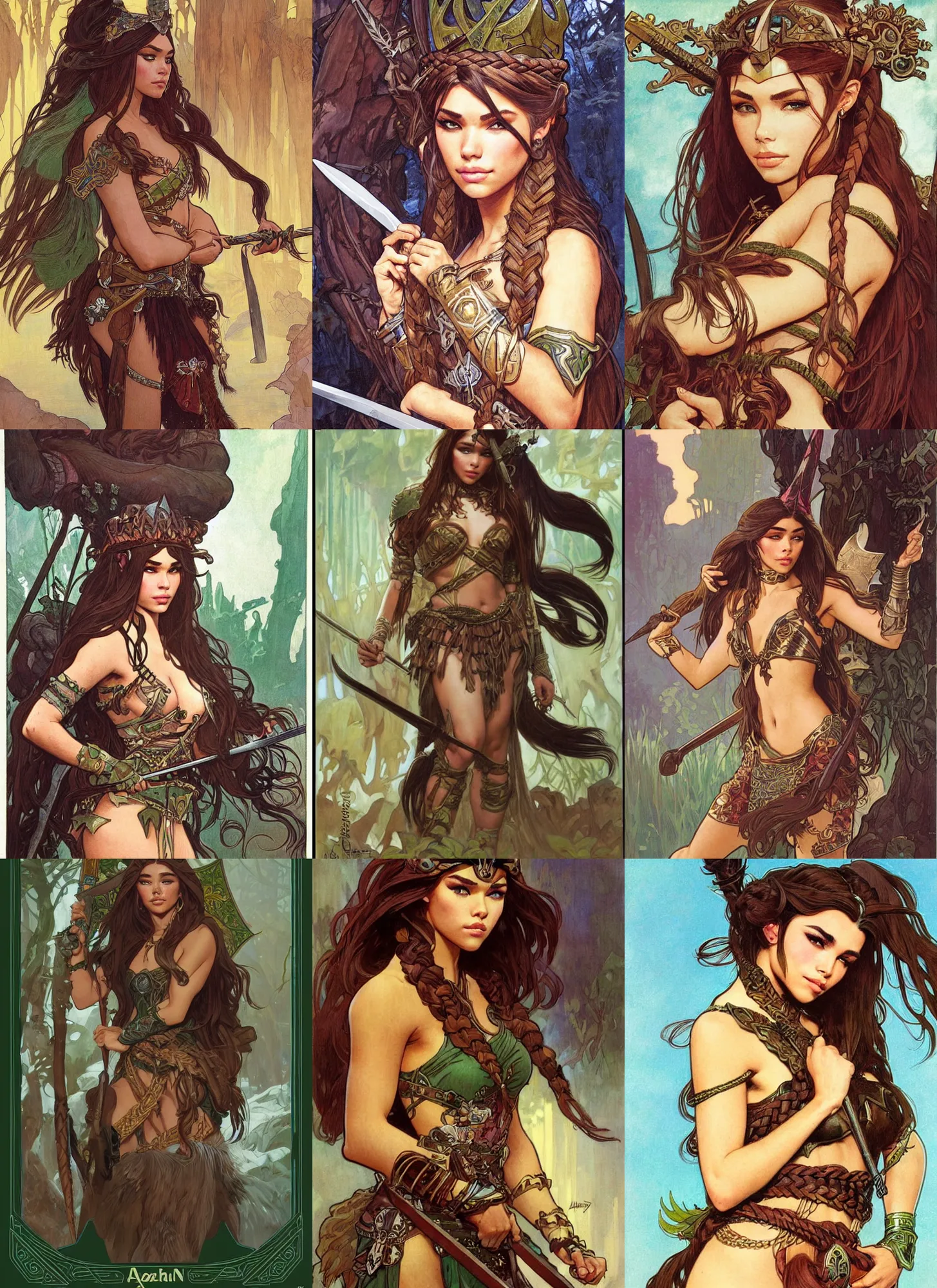 Prompt: collectible card of beautiful barbarian queen played by madison beer, braided brown hair, green eyes, pelt coats, high fantasy, dnd, smooth, sharp focus, illustration, by rossdraws, alphonse mucha, frank fanzzeta, boris vallejo