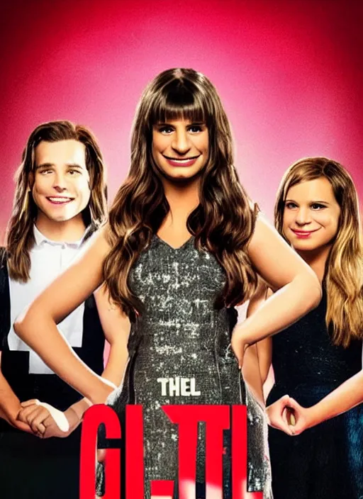 Image similar to glee sequel poster where rachel berry is the villain, evil lea michele cackling maniacally, with text, dark disturbing version of glee, airing in 2 0 2 3