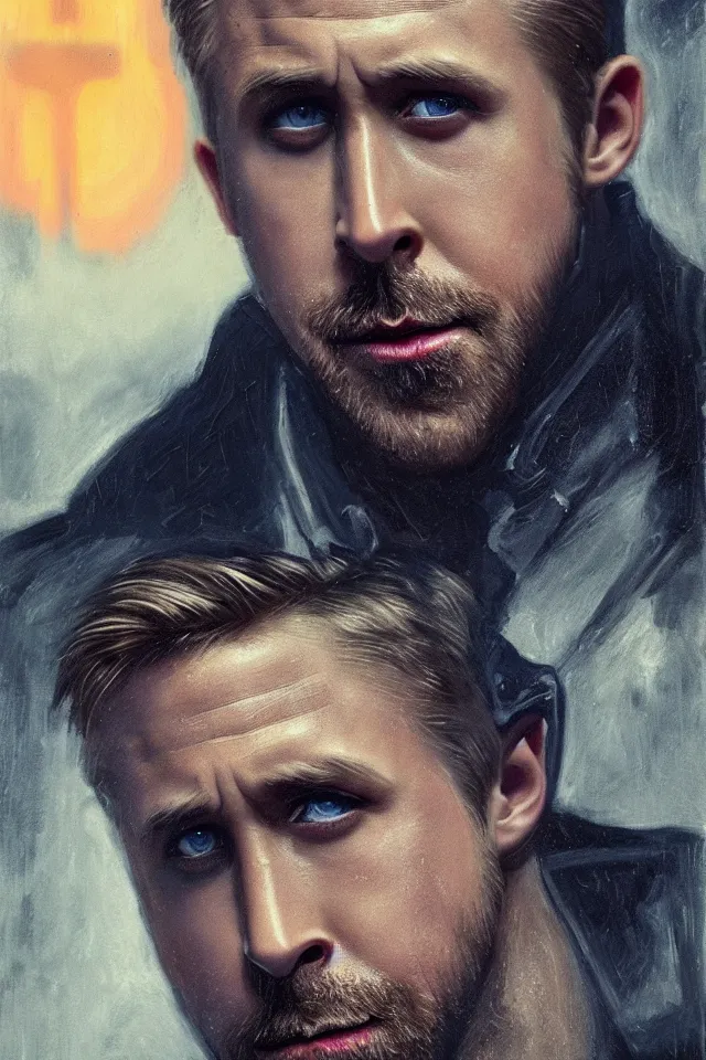 Image similar to Ryan Gosling As The Punisher, skull face makeup, head and shoulders portrait, stormy weather, extremely detailed masterpiece, oil on canvas, low-key neon lighting, artstation, Blade Runner 2049, Roger Deakin’s cinematography, by J. C. Leyendecker and Peter Paul Rubens and Edward Hopper and Michael Sowa