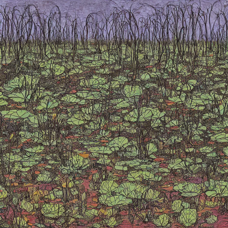 Prompt: Artwork illustrating a large swamp full of withered lotus plants.